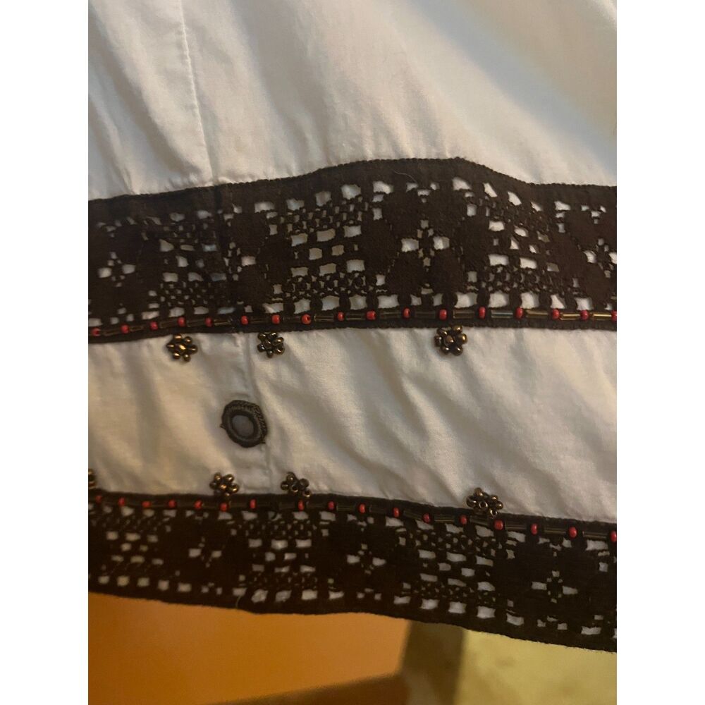 Y2K White Cotton Midi Skirt Beaded Floral Brown Lace Trim - Picture 3 of 4